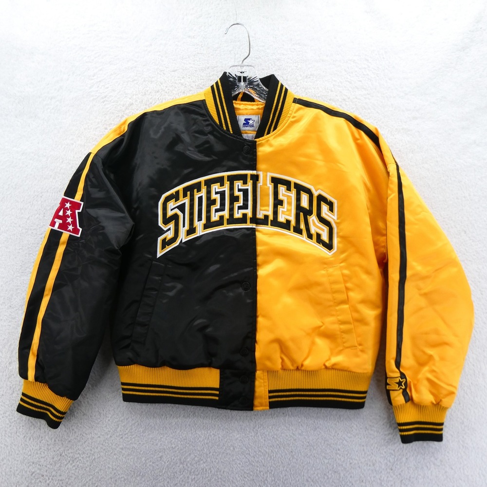 Starter Jacket Women Medium Pittsburgh Steelers Black Yellow Satin Vintage‎ Y2K